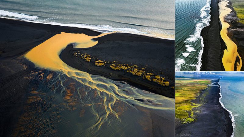 This place in Iceland where Green Fields, Yellow River, Black Beach and Blue Sea meet!