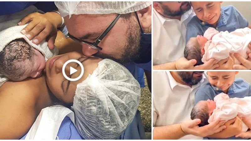 Emotional Moment: Touching Reunion as Tearful Father and Son Embrace Their Newborn Baby