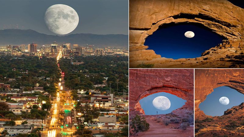 Surreal Moon Photo Looks Like a Huge Eye Peeking Through a Rock Arch in the Desert