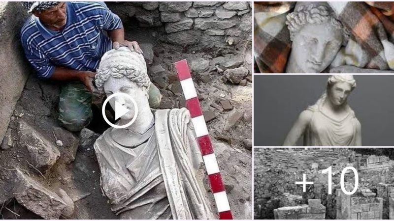 The moment of the discovery. 2.70 meters high marble statue of the hellenic Goddess hestia unearthed in Bouleuterion of Aigai.