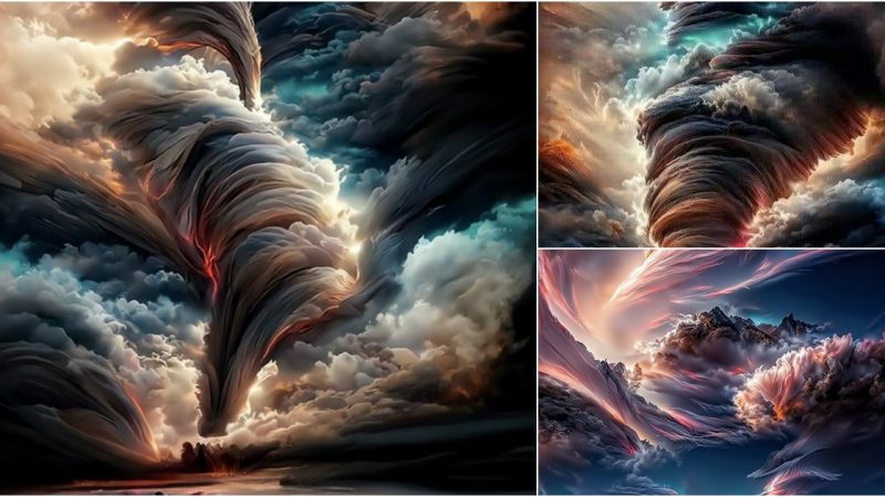 Clouds in the sky and beautifully colored tornadoes are depicted in art.