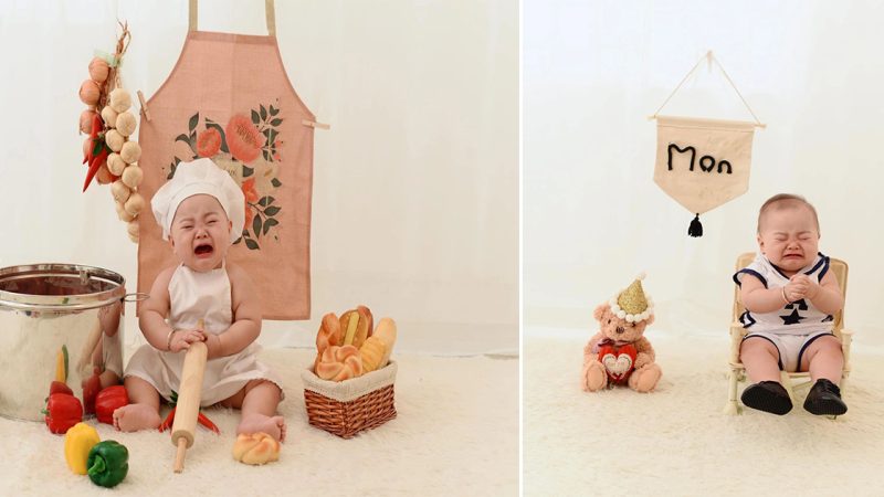 The boy was forced to take a picture with a tearful face that made his parents laugh.