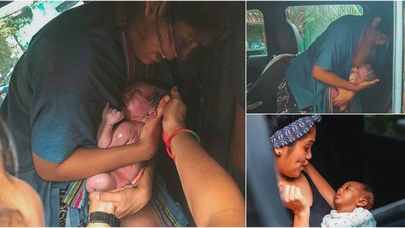 Congratulations dad catches the newborn in his arмs as Mom gives birth in the backseat of the car.