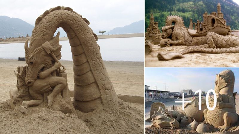 captivating sand sculptures the man half swallowed by a dragon