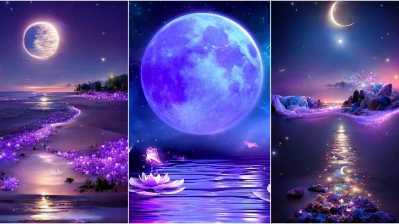 The Opulent Amethyst Moon Ascends, Painting Sea and Sky with Radiant Lilac Tones Amidst a Gem-Studded Firmament.