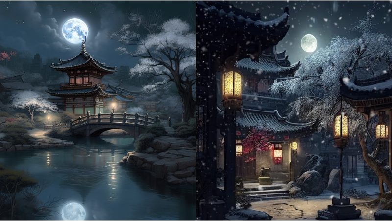 A Serene Village Illuminated by the Radiant Light of a Snowy Moon.