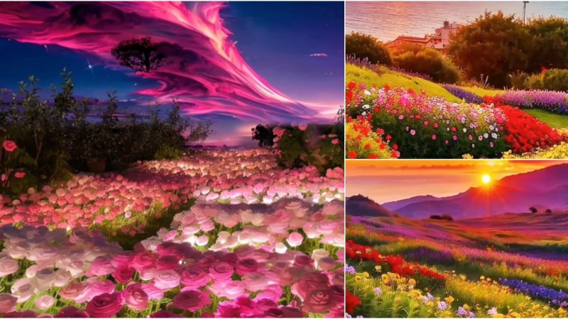 Vibrant Skies Above a Blooming Rose Garden: Nature’s Breathtaking Canvas