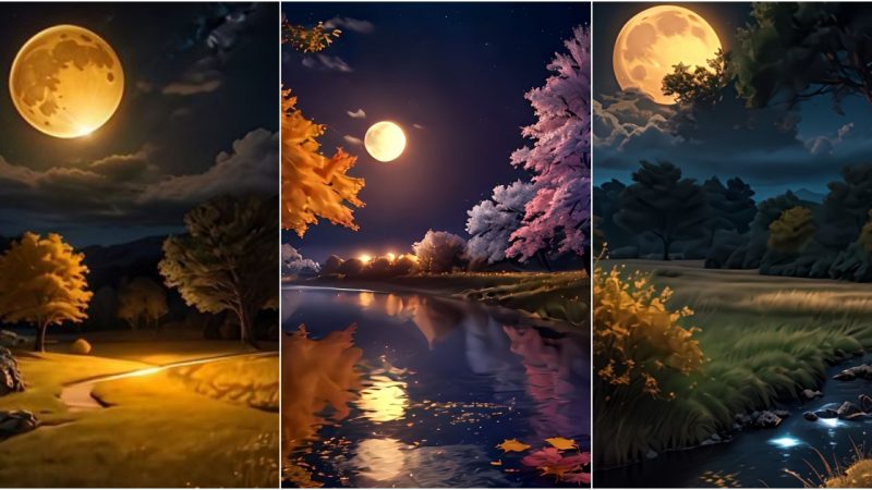 A Surreal Landscape: The Enchanting Harmony of Yellow, White, Black, Orange, and Purple under the Giant Moon